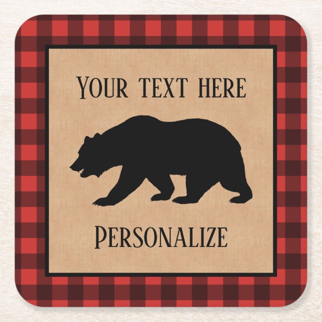 Black Bear On A Red And Black Plaid Personalized Square Paper Coaster (Front)