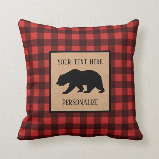 Black Bear On A Red And Black Plaid Personalized Throw Pillow