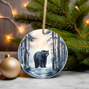 Black Bear on Winter Woodland Forest Animals Ceramic Ornament