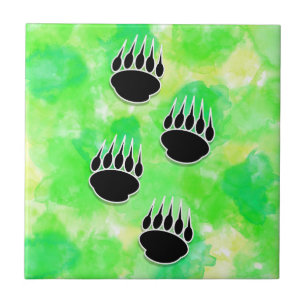 Black Bear Paw Prints Green Watercolor Ceramic Tile
