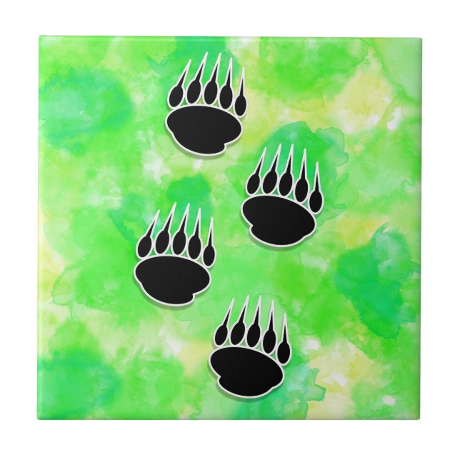 Black Bear Paw Prints Green Watercolor Ceramic Tile (Front)