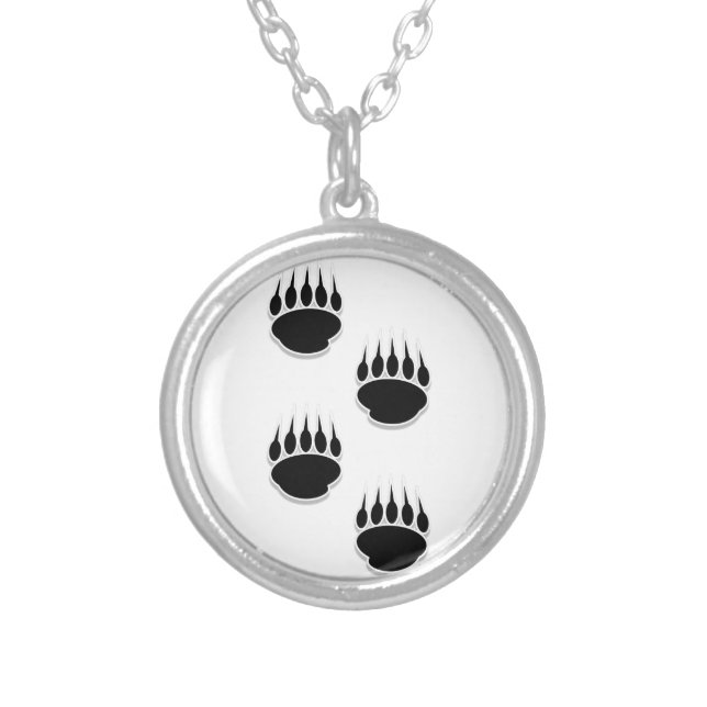 Black Bear Paw Prints Silver Plated Necklace (Front)