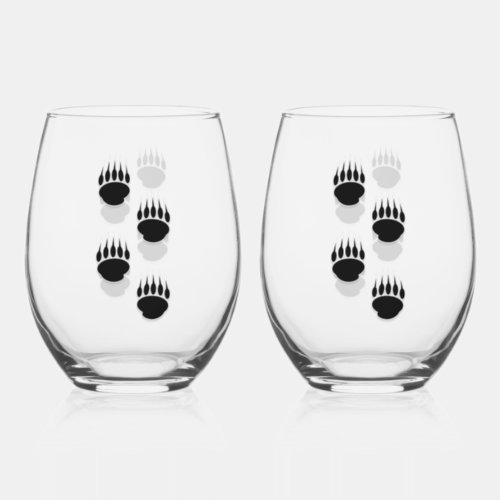 Black Bear Paw Prints Stemless Wine Glass