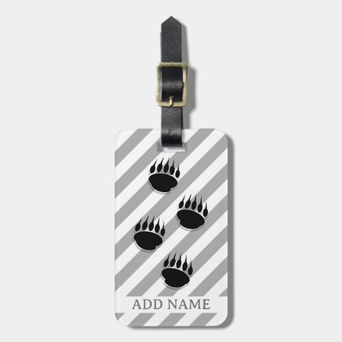 Black Bear Paw Prints White Gray Stripes Luggage Tag