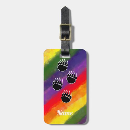 Black Bear Paw Rainbow Watercolor Custom Name Luggage Tag