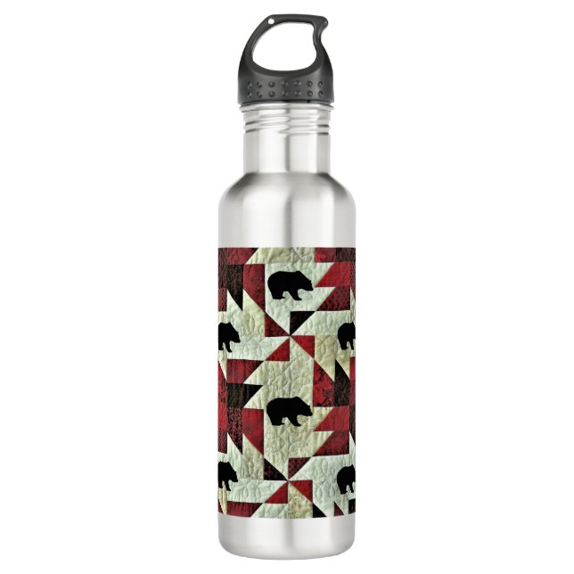 Black Bear Quilt Stainless Steel Water Bottle (Front)