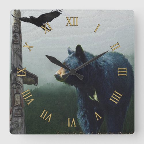 Black Bear Raven  Totem Pole Art Square Wall Clock