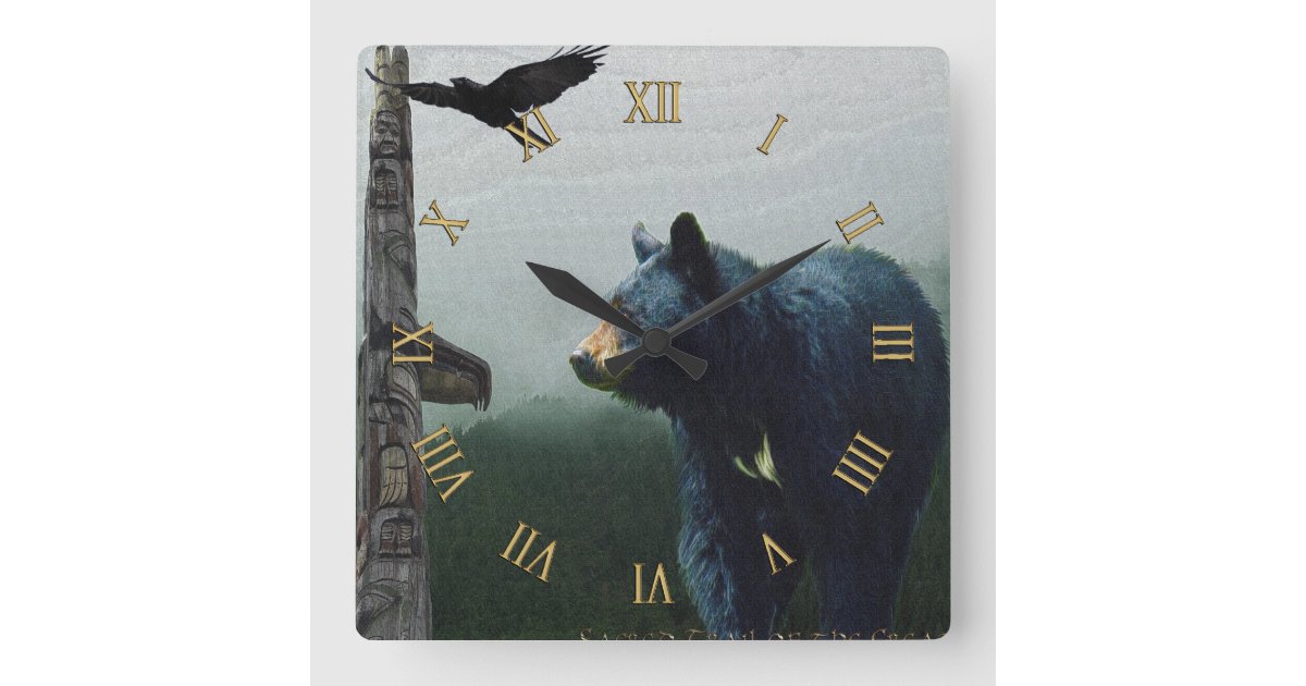 Black Bear, Raven & Totem Pole Art Square Wall Clock | Zazzle