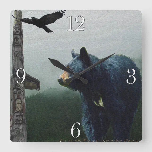 Black Bear, Raven & Totem Pole Art Square Wall Clock | Zazzle