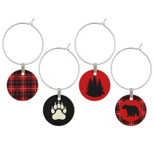 Black Bear Red and Black Cabin Plaid Wine Charm