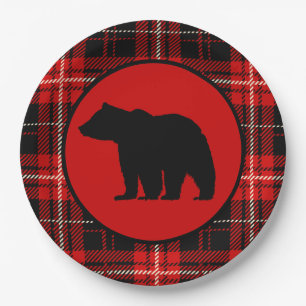 Black Bear Red Black Plaid Paper Plates