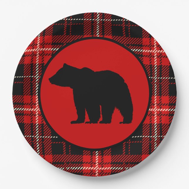 Black Bear Red Black Plaid Paper Plates (Front)