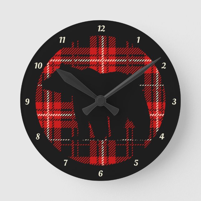 Black Bear Red Black Plaid Round Clock (Front)