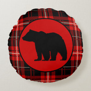 Black Bear, Red Plaid Cabin Round Pillow