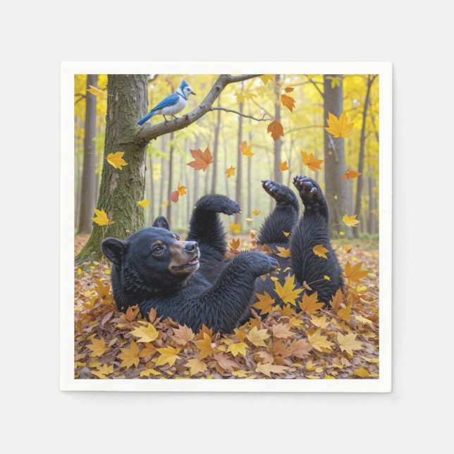 Black Bear Rolling In Autumn Leaves Napkins (Front)