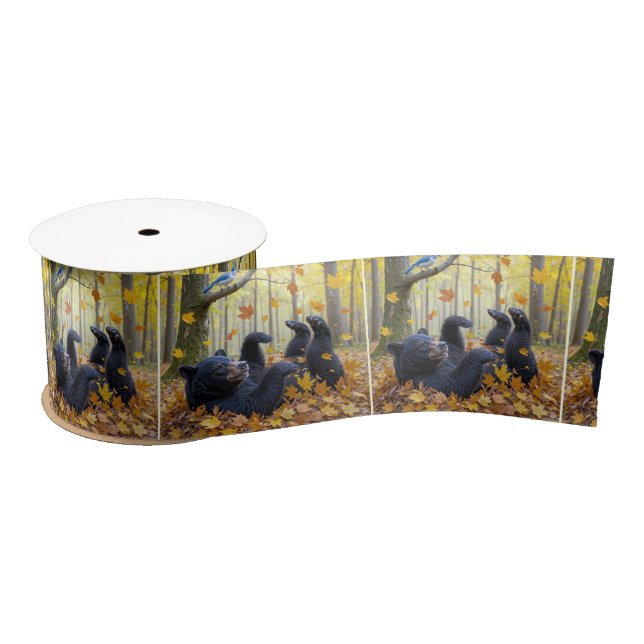 Black Bear Rolling In Autumn Leaves Satin Ribbon (Spool)
