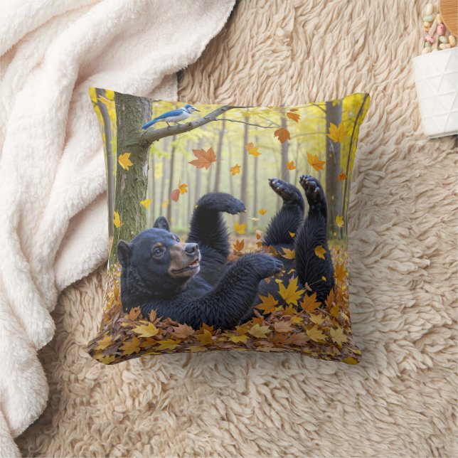Black Bear Rolling In Autumn Leaves Throw Pillow (Blanket)
