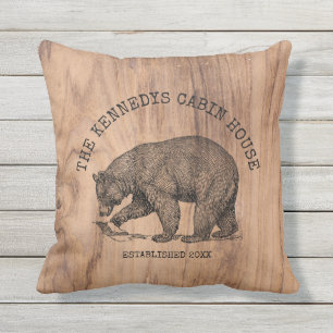 Black Bear Rustic Wood Family Name Cozy Cabin Outdoor Pillow