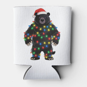 Black Bear Santa Hat Christmas Lights Merry   Can Cooler