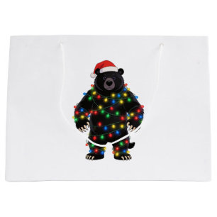 Black Bear Santa Hat Christmas Lights Merry Large Gift Bag