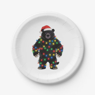 Black Bear Santa Hat Christmas Lights Merry Paper Plates