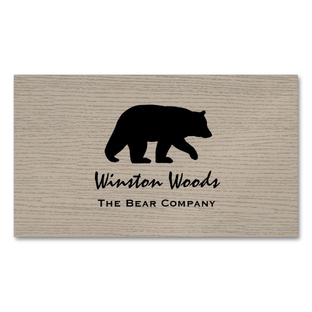 Black Bear Silhouette on Faux Wood Background Business Card Magnet (Front)