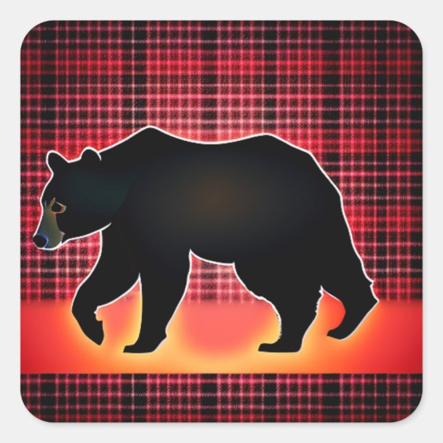 Black Bear Silhouette On Plaid Square Sticker (Front)
