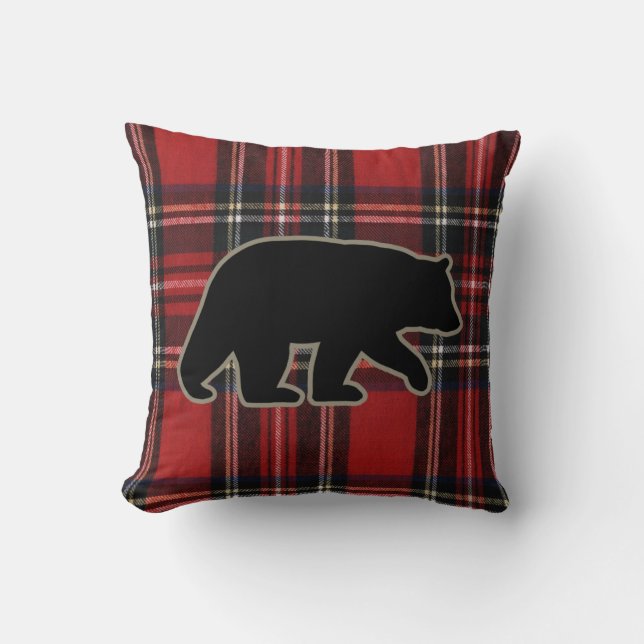 Black Bear Silhouette on Red Plaid Cute Country Throw Pillow (Front)