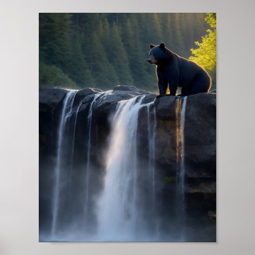 Black Bear sitting atop waterfall Poster