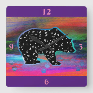 Black Bear Spirit Northern Light Colors Square Wall Clock