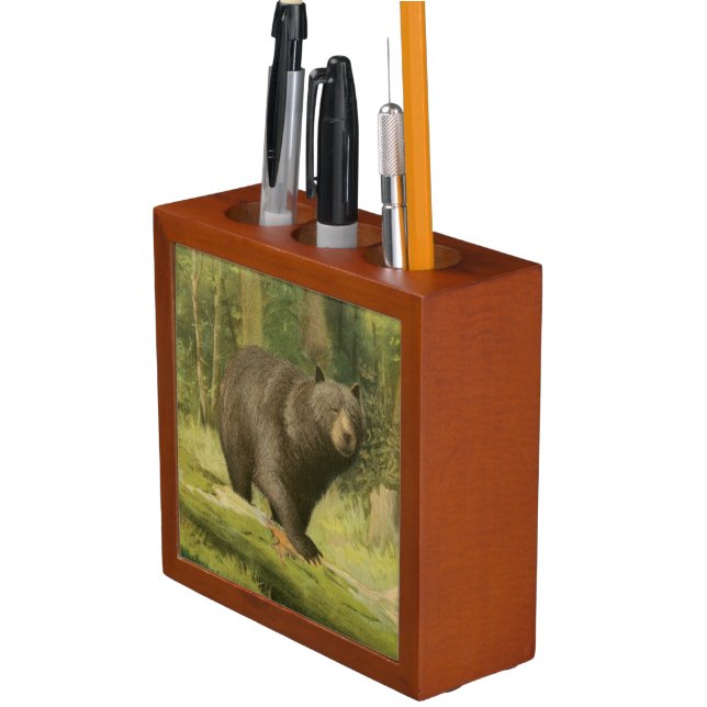 Black Bear Stepping on a Tree Trunk Desk Organizer (In Situ)