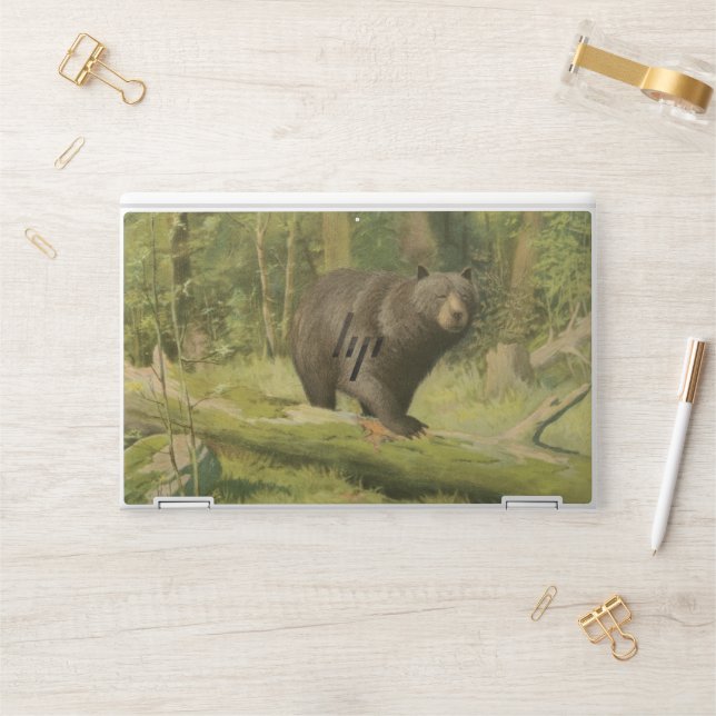 Black Bear Stepping on a Tree Trunk HP Laptop Skin (Desk)