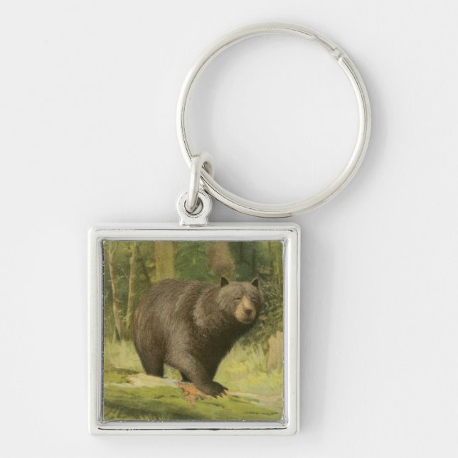 Black Bear Stepping on a Tree Trunk Keychain (Front)