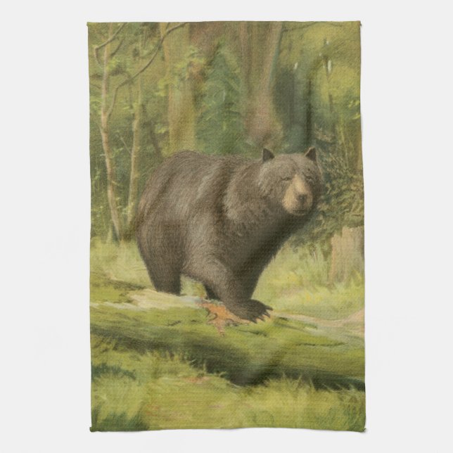 Black Bear Stepping on a Tree Trunk Kitchen Towel (Vertical)