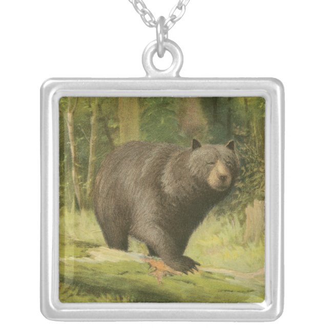 Black Bear Stepping on a Tree Trunk Silver Plated Necklace (Front)