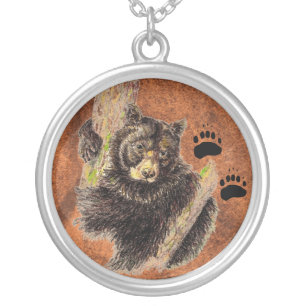 Black Bear & Tracks - Animal - Nature Silver Plated Necklace
