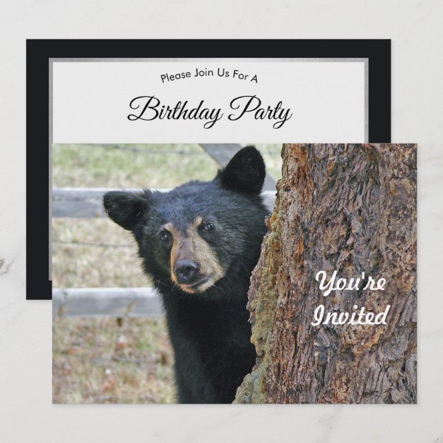 Black Bear Tree Photo Birthday Invitation (Front/Back)