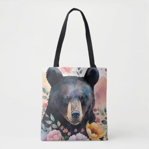 Black Bear Watercolor Floral Art Tote Bag