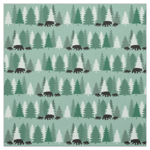 Black Bear with Cubs and Pine Trees Patterned Fabric