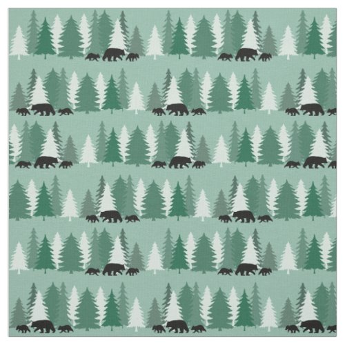 Black Bear with Cubs and Pine Trees Patterned Fabric