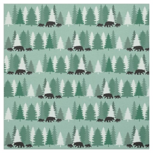 Black Bear with Cubs and Pine Trees Patterned Fabric