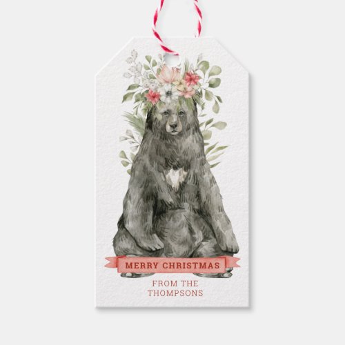 Black Bear with Flowers  Merry Christmas  Gift  Gift Tags