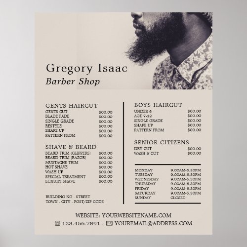 Black Beard Model Mens Barbers Price List Poster