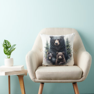 Black Bears Amid Forest Setting Throw Pillow