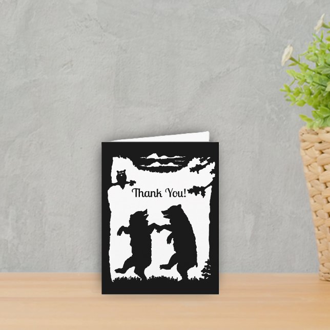 Black Bears Dancing in Woods Owl in Tree on White Thank You Card (Two dancing black bears in woods owl in tree on black and white Thank You card.)