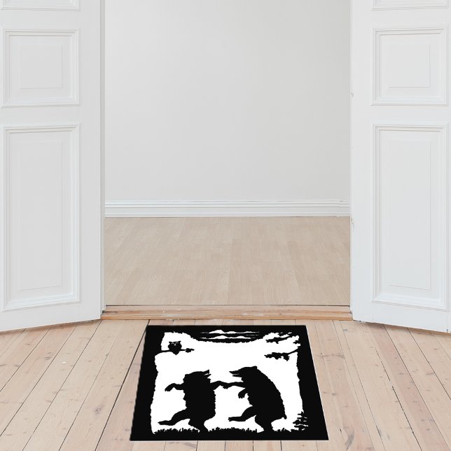 Black Bears Dancing in Woods Owl in Trees clouds Floor Decals (Black and White image dancing bears in woods owl in tree on floor decal.)