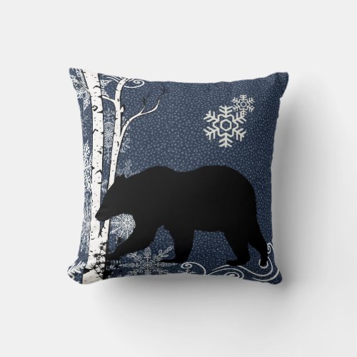 Black Bears in Winter Birch Forest Throw Pillow