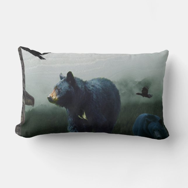 Black Bears, Raven and Totem Pole Art Lumbar Pillow (Front)