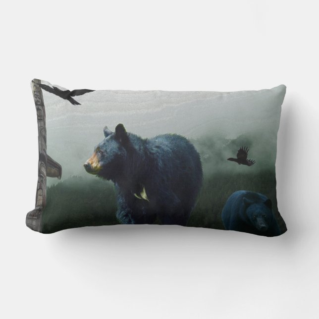 Black Bears, Raven and Totem Pole Art Lumbar Pillow (Front)