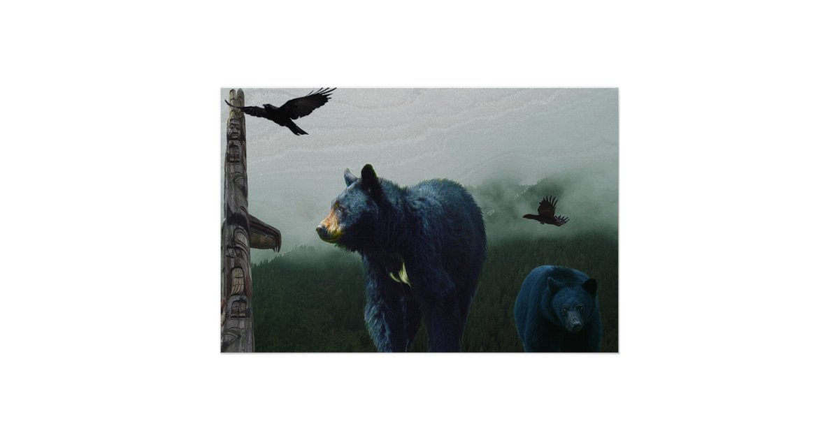Black Bears, Ravens and Totems Wildlife Art Poster | Zazzle